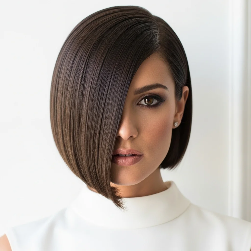 modern blunt bob with a deep side part