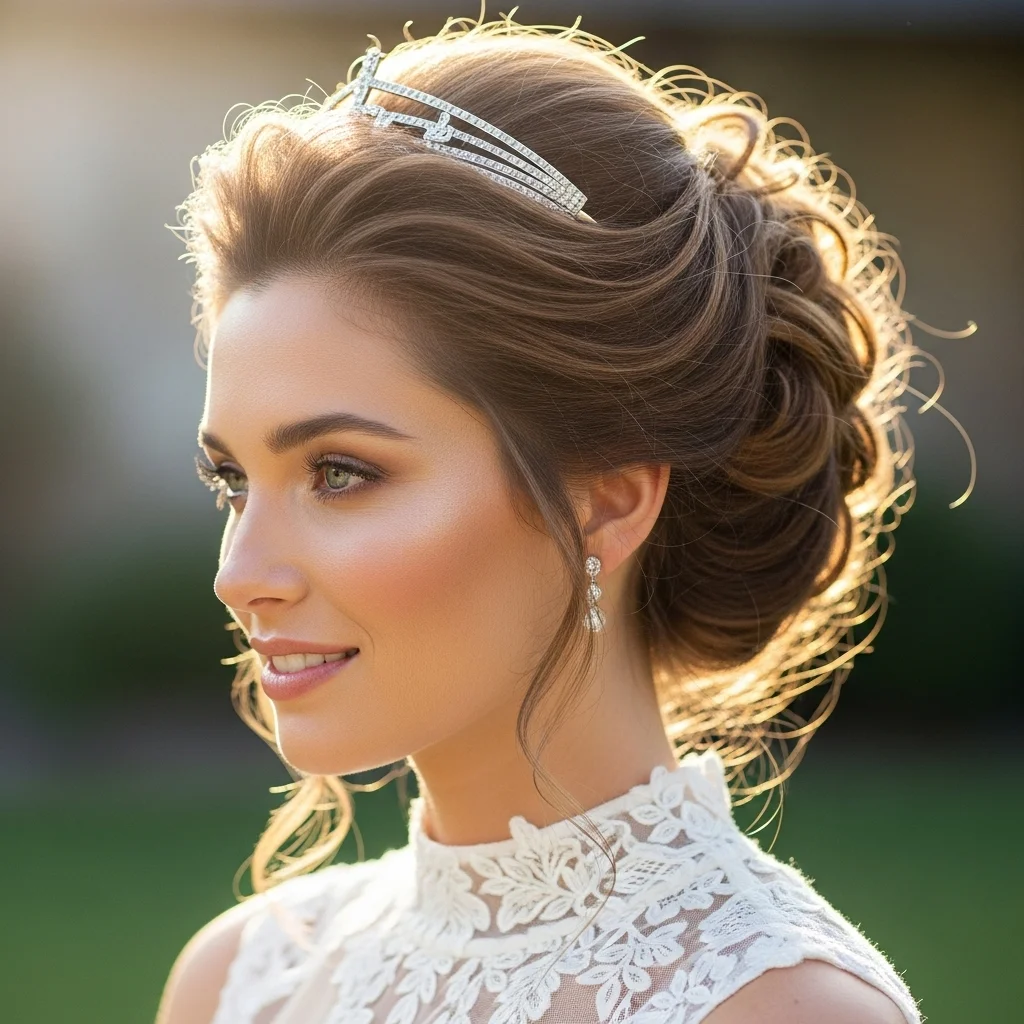 modern textured updo with a contemporary tiara