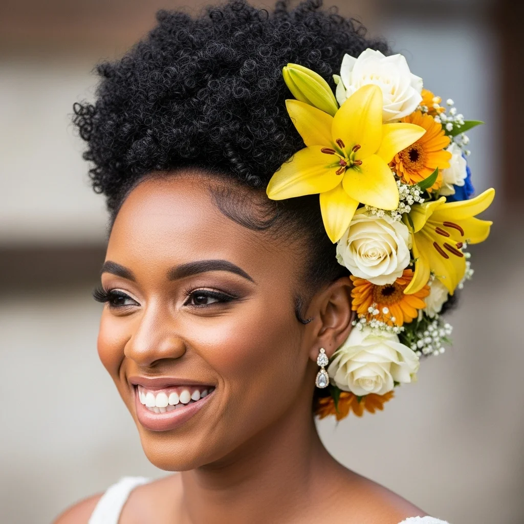 natural afro puff with flowers