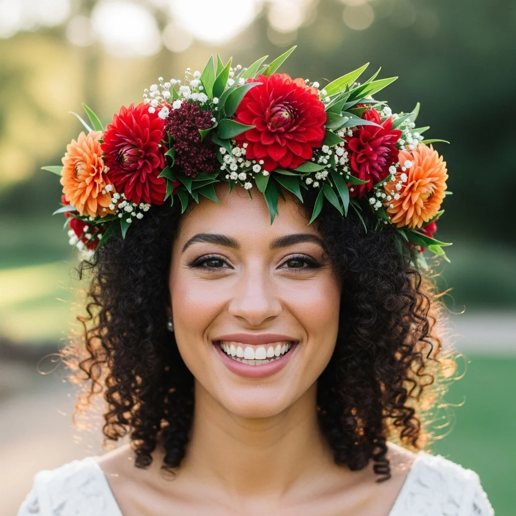natural hair with a full flower crown