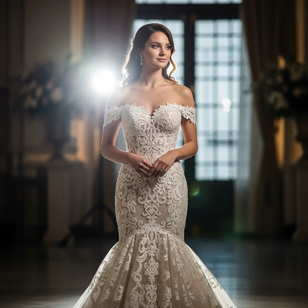 off shoulder lace with fishtail