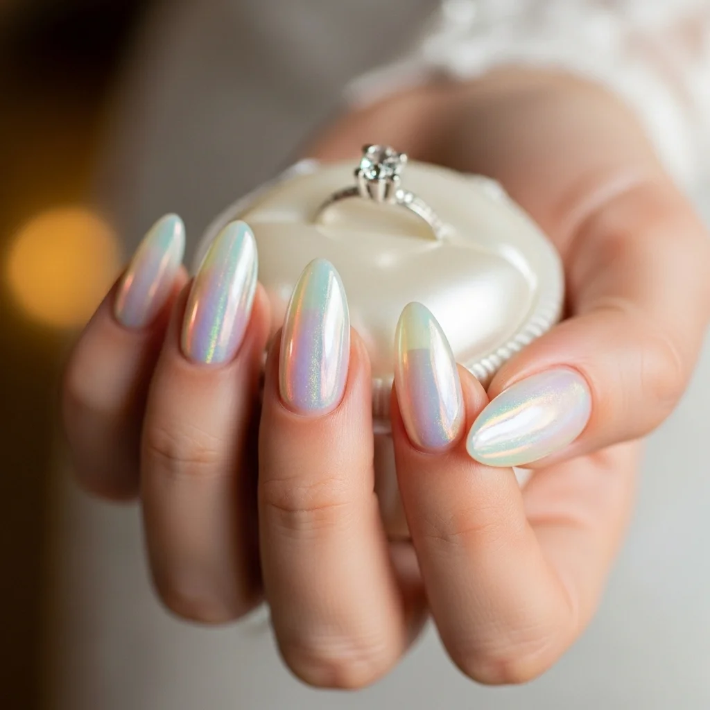 21 Stunning Neutral Wedding Nails for Brides: Timeless Elegance for Your Big Day 6 opal iridescence