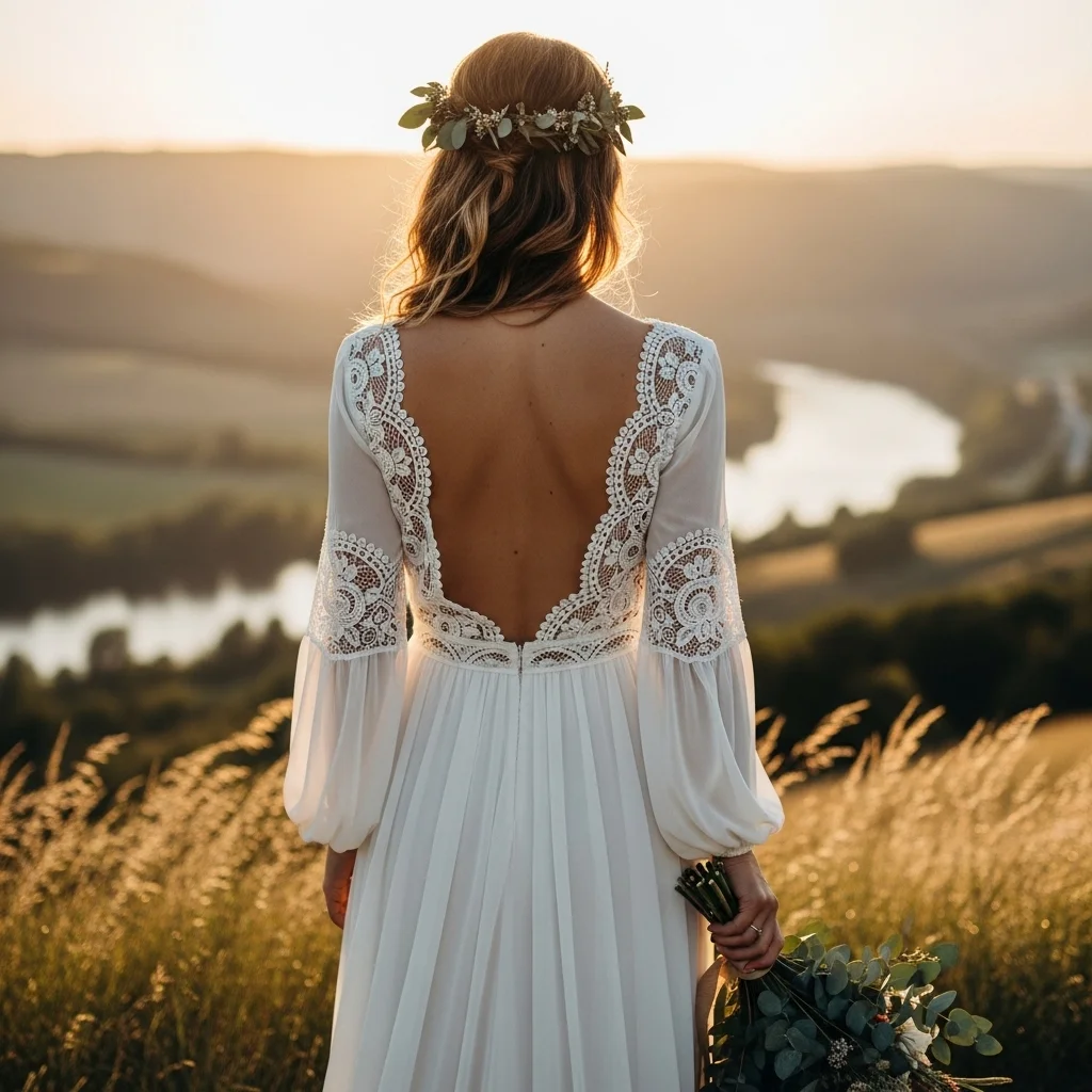 open back with draped long sleeves
