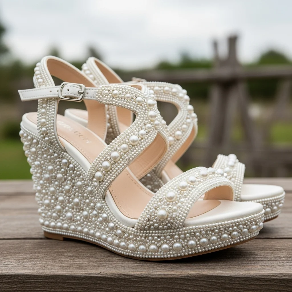 Timeless Elegance: 19 Pearl Wedding Shoes for Your Unforgettable Day 16 pearl adorned wedge sandal