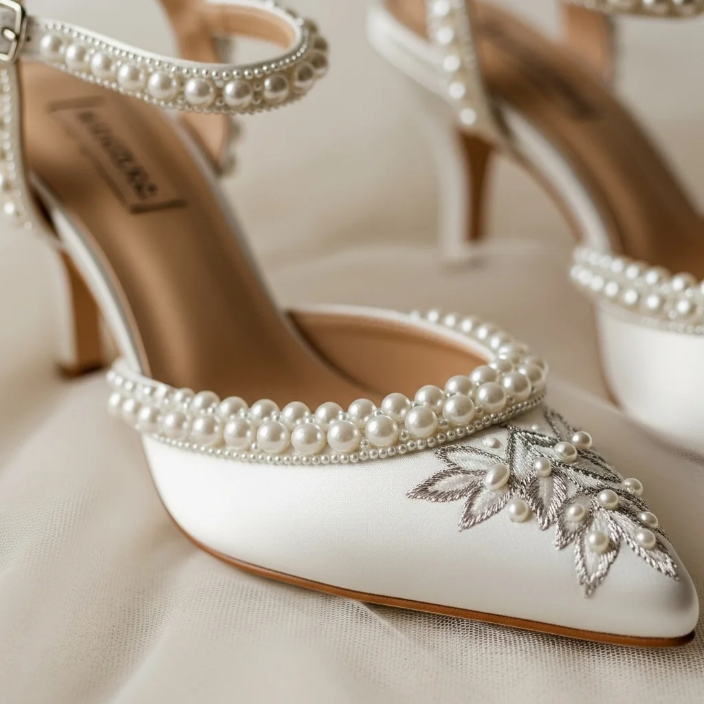 Step into Comfort & Style: Top 21 Low-Heel Wedding Shoes for Your Big Day 3 pearl embellished kitten heel