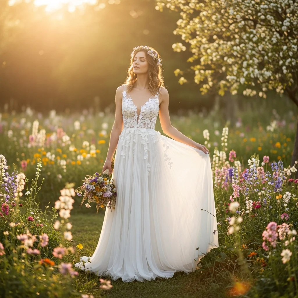 pleated chiffon with floral appliques