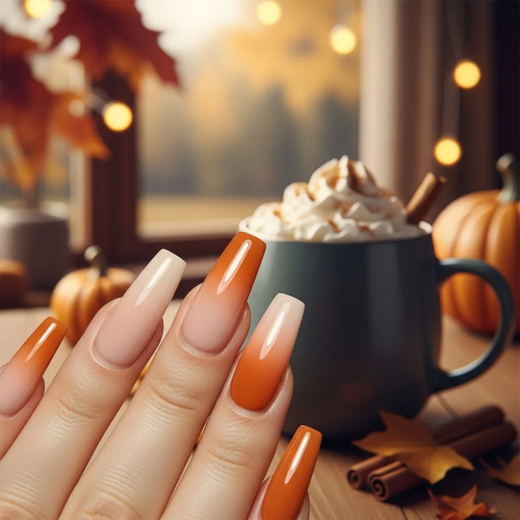 21 Coffin Nail Designs That Scream Fall: Your Ultimate Guide to Autumn Manicures 3 pumpkin spice ombr