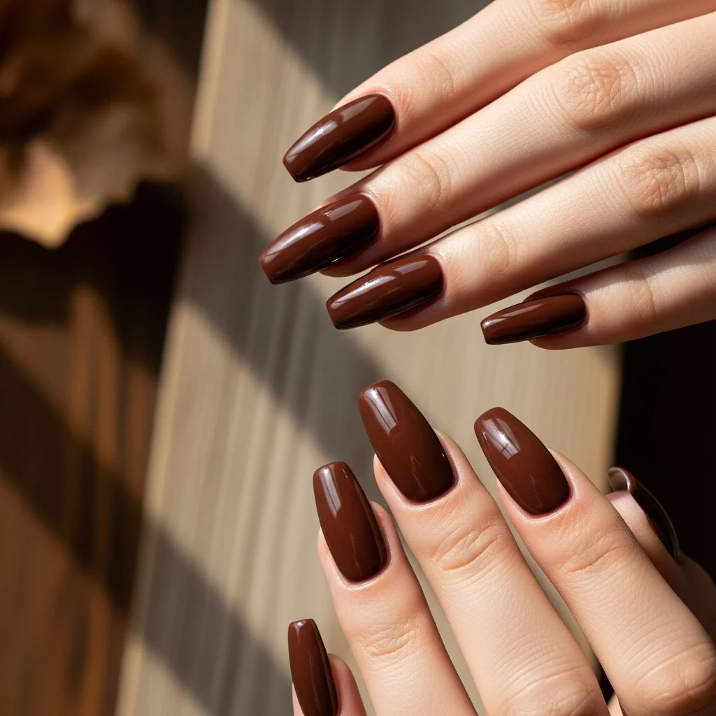21 Coffin Nail Designs That Scream Fall: Your Ultimate Guide to Autumn Manicures 6 rich chocolate brown gloss