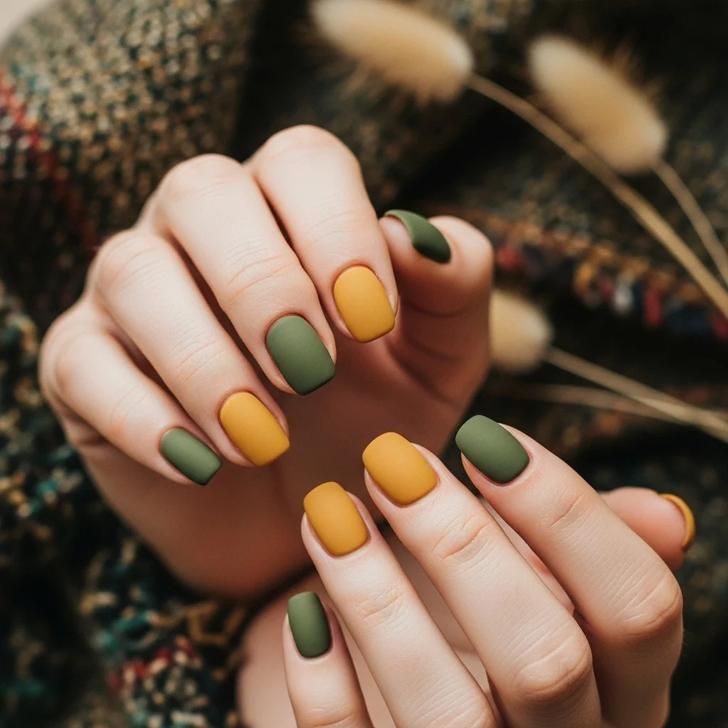 23 Enchanting Fall Ombre Nails You Need to Try This Season 11 rustic olive green to mustard yellow ombre