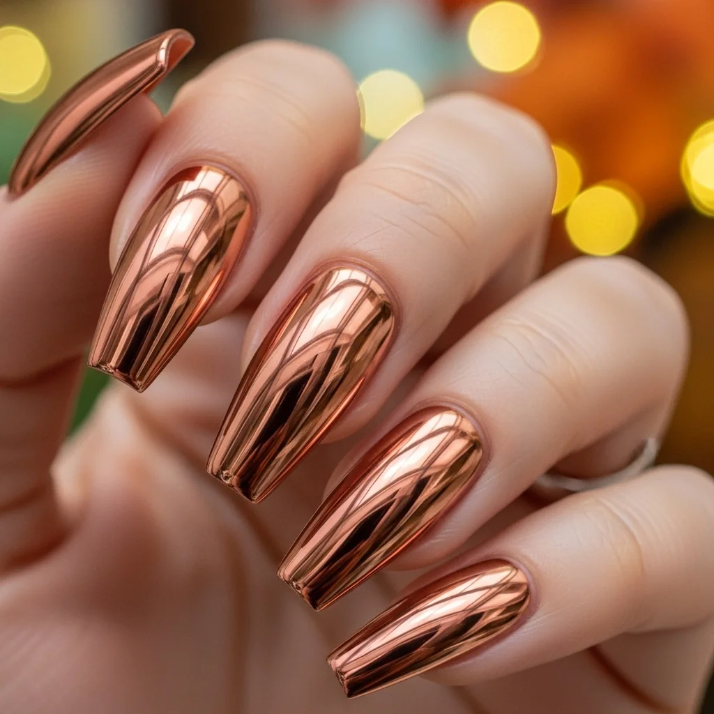 The Top 27 Acrylic Nail Designs You Need This Autumn! 21 shimmering copper metallic