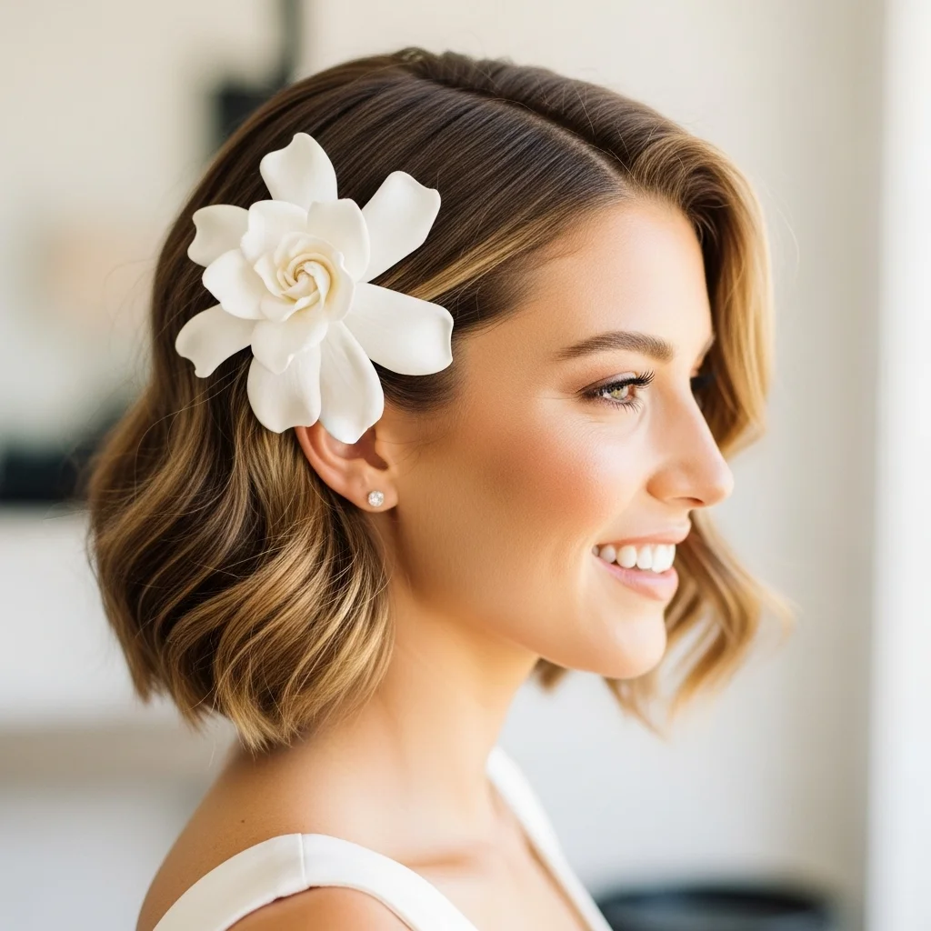 short hair with a bold floral clip