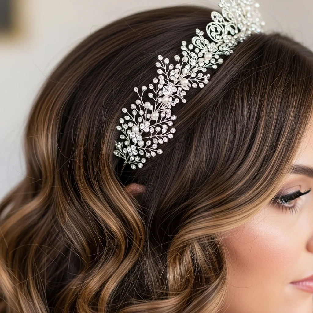 side swept curls with an asymmetrical tiara