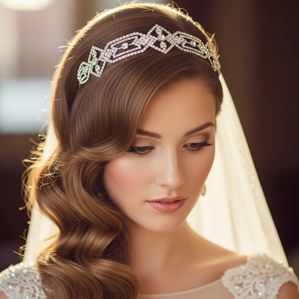 25 Dreamy Bridal Headband Hairstyles: Your Ultimate Wedding Hair Guide! 6 side swept curls with art deco headband