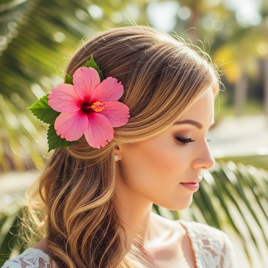 side swept hair with a large tropical flower