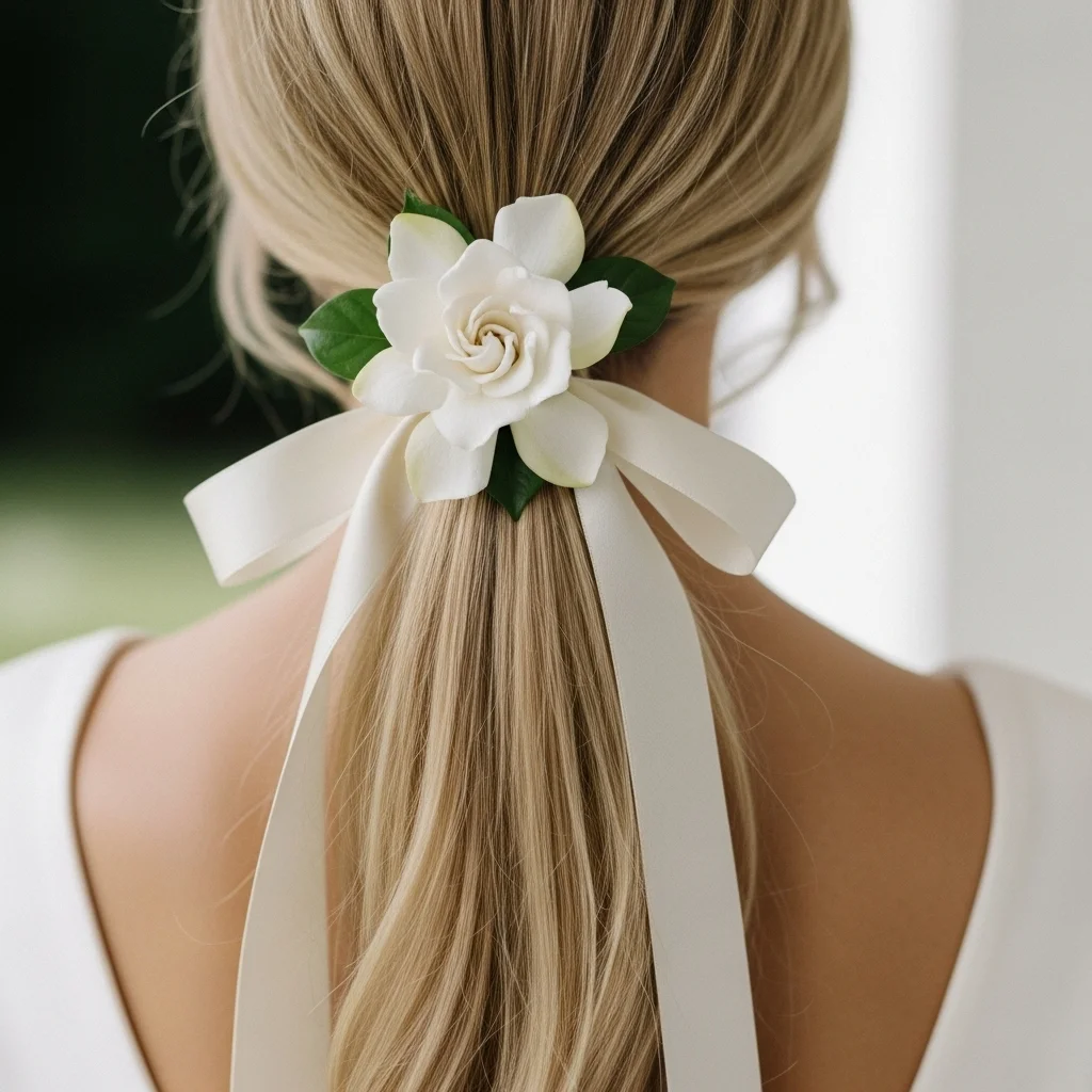 simple ponytail with ribbon and single flower