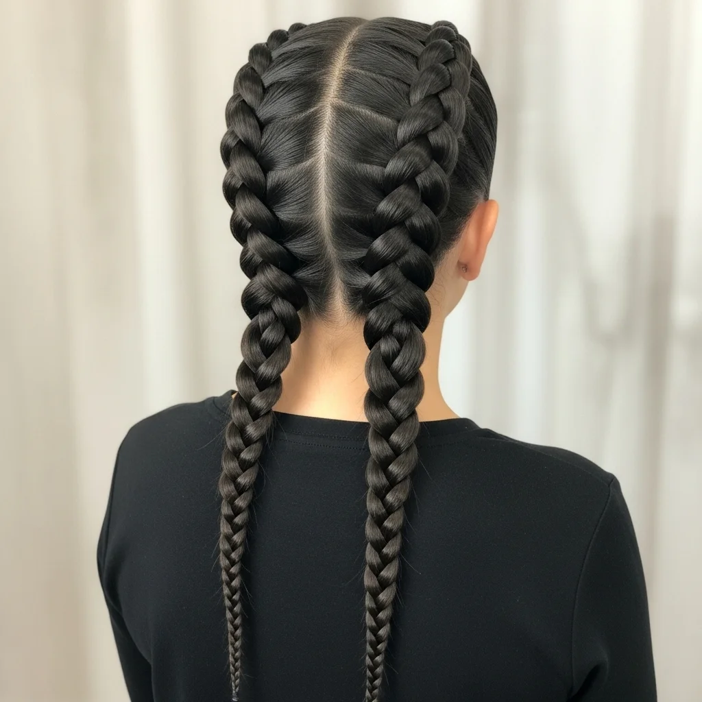 sleek double braids pigtail style tight