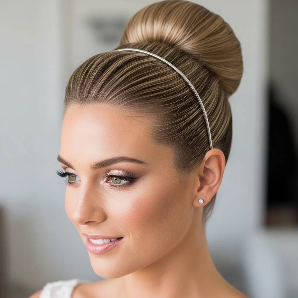 25 Dreamy Bridal Headband Hairstyles: Your Ultimate Wedding Hair Guide! 25 sleek high bun with minimalist metal headband