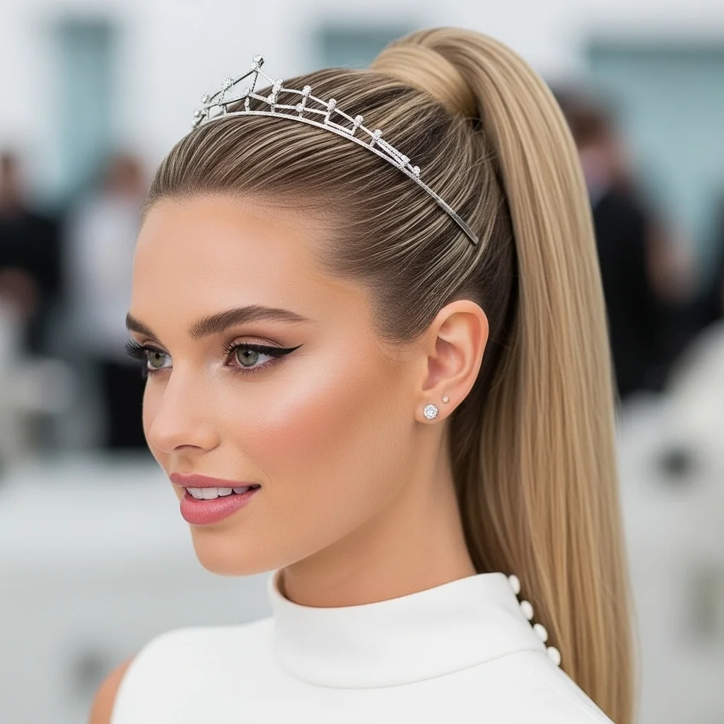 sleek high ponytail with a modern tiara