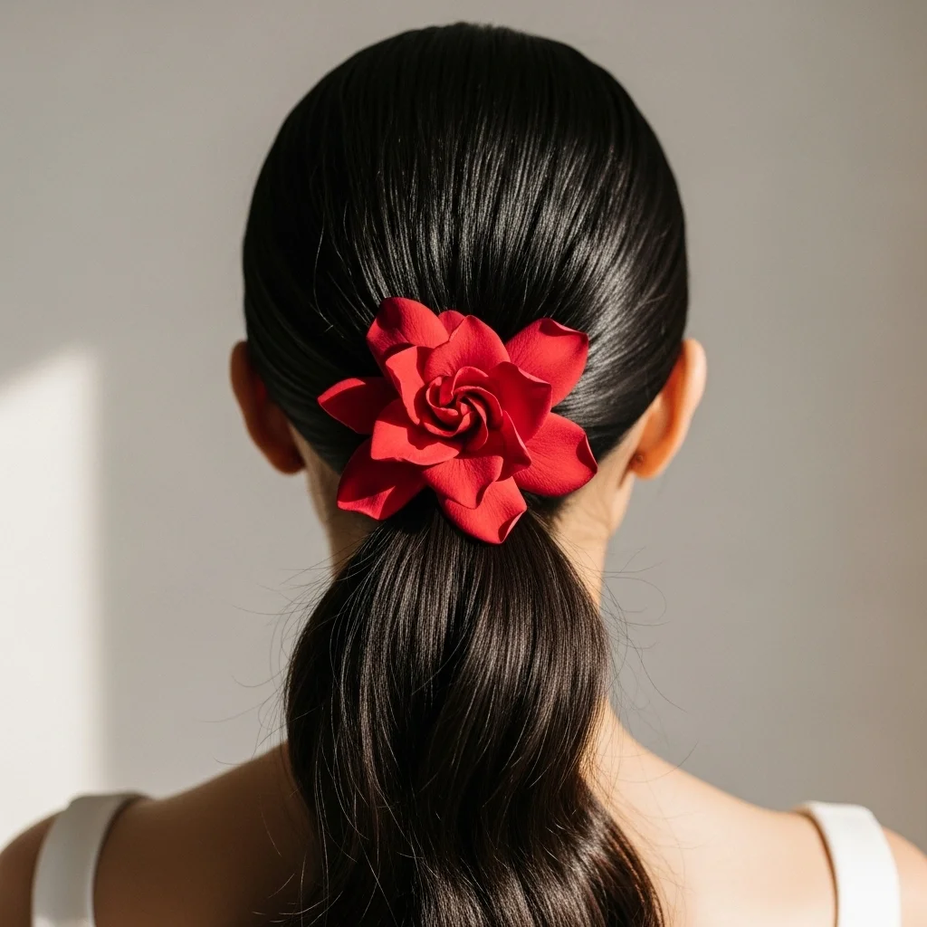sleek high ponytail with a statement bloom