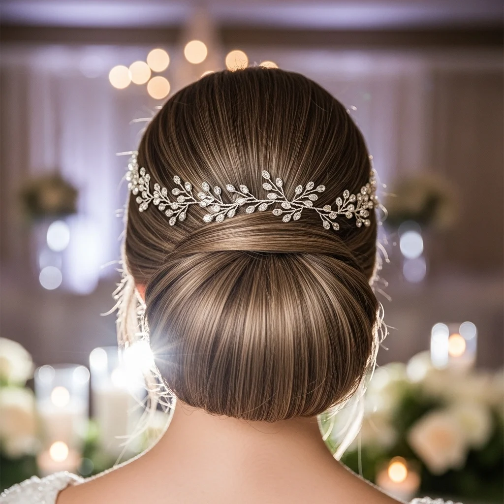 25 Dreamy Bridal Headband Hairstyles: Your Ultimate Wedding Hair Guide! 2 sleek low bun with crystal vine headband
