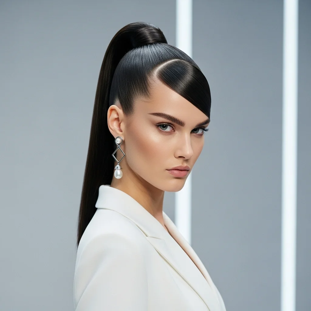 sleek ponytail with deep side part