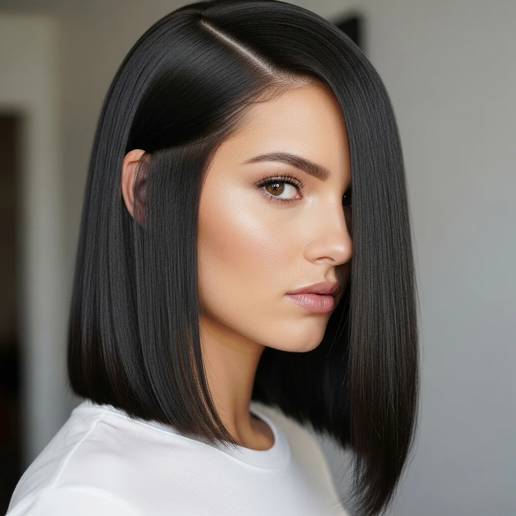 sleek side part straight hair
