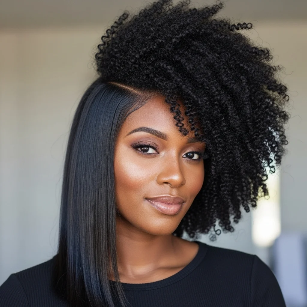 sleek side part with voluminous afro