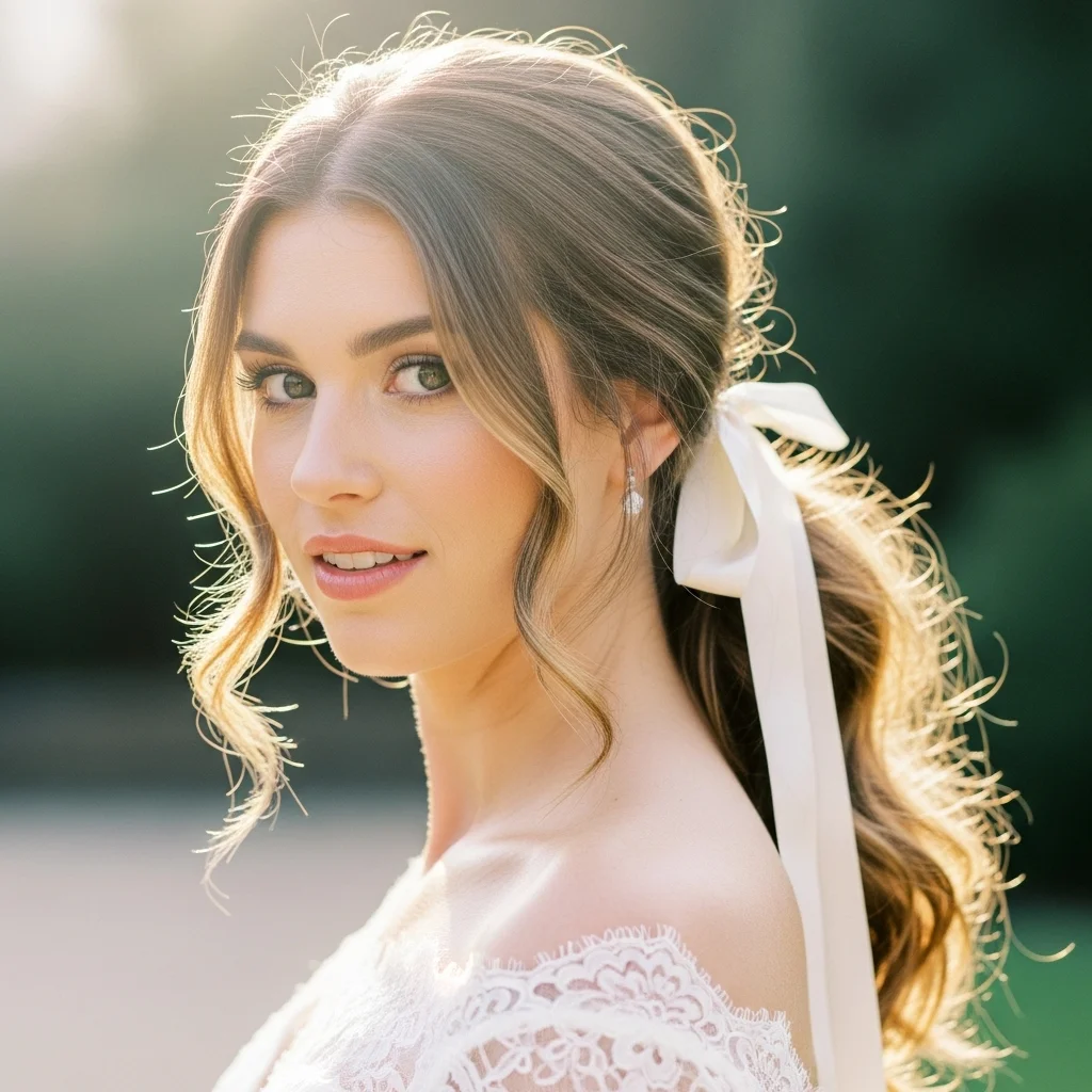 soft low ponytail with a silk ribbon