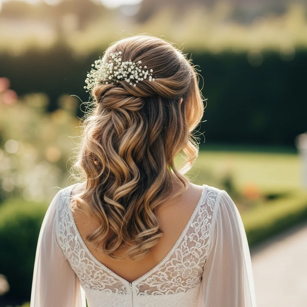 23 Elegant Half Up Half Down Wedding Hairstyles 7 soft waves half up