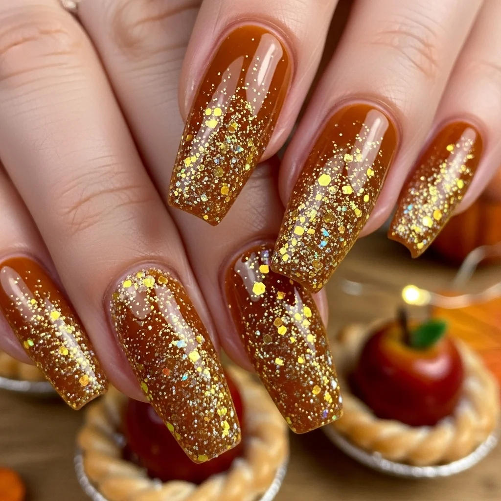 21 Coffin Nail Designs That Scream Fall: Your Ultimate Guide to Autumn Manicures 7 sparkling caramel apple glitter