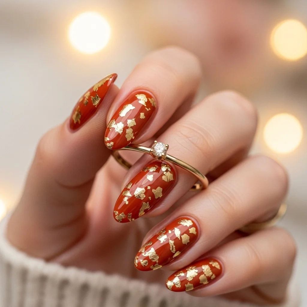 Top 21 Burnt Orange Nail Ideas for Fall 7 subtle gold foil on burnt orange