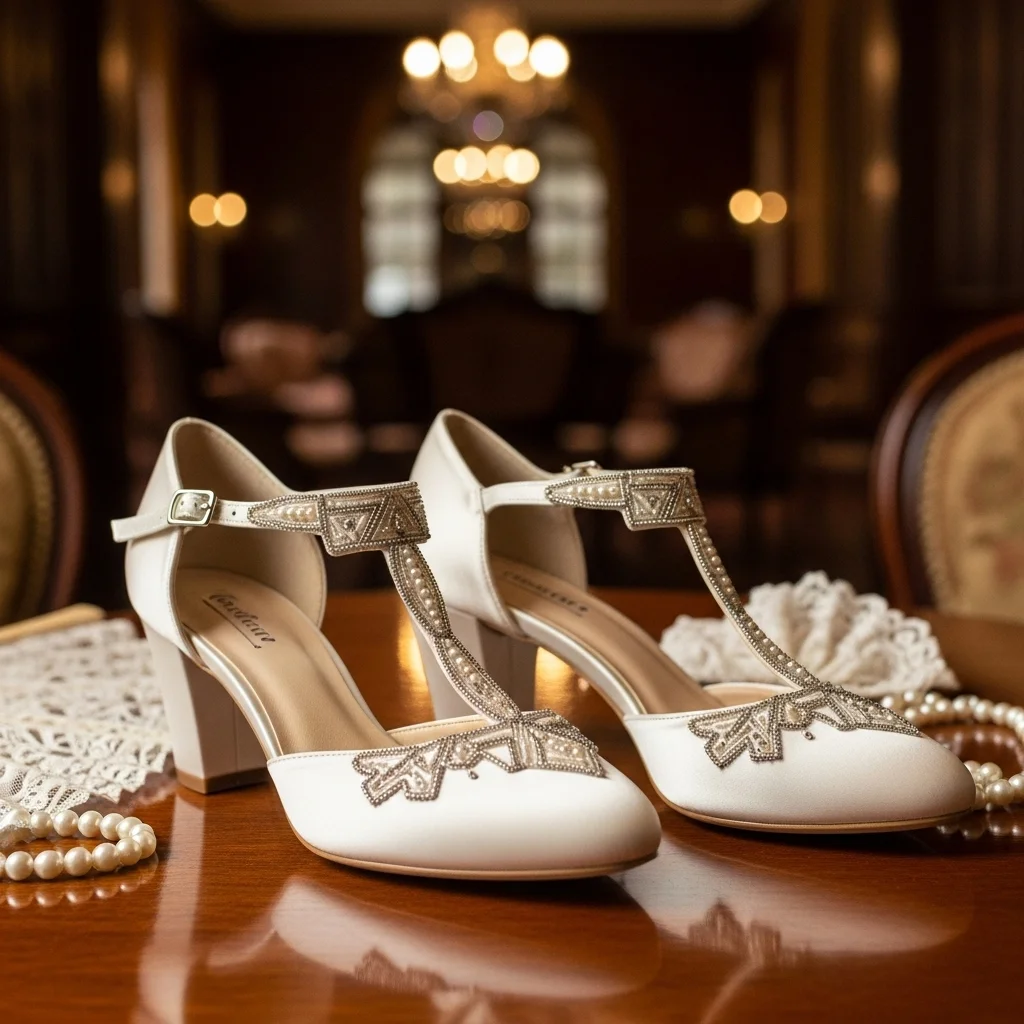 Step into Comfort & Style: Top 21 Low-Heel Wedding Shoes for Your Big Day 20 t strap art deco style