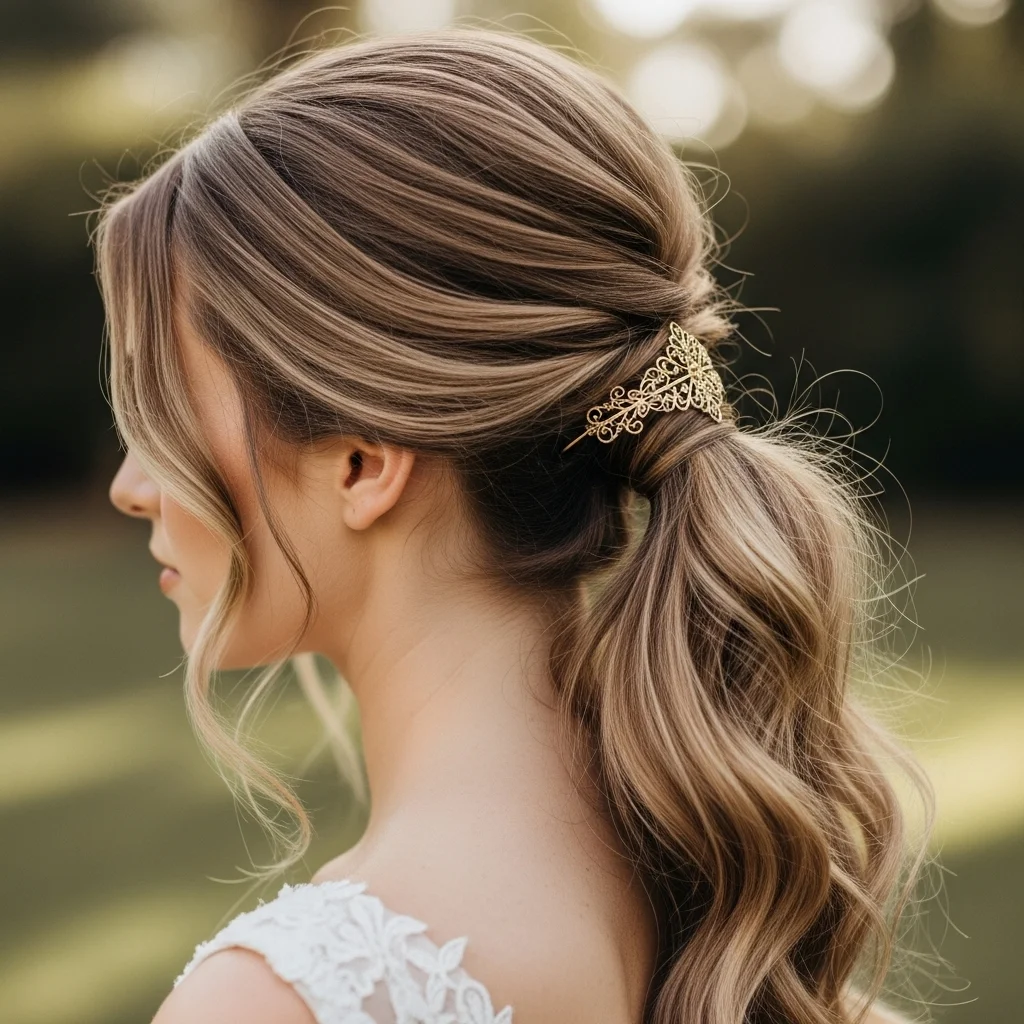 textured low ponytail with volume