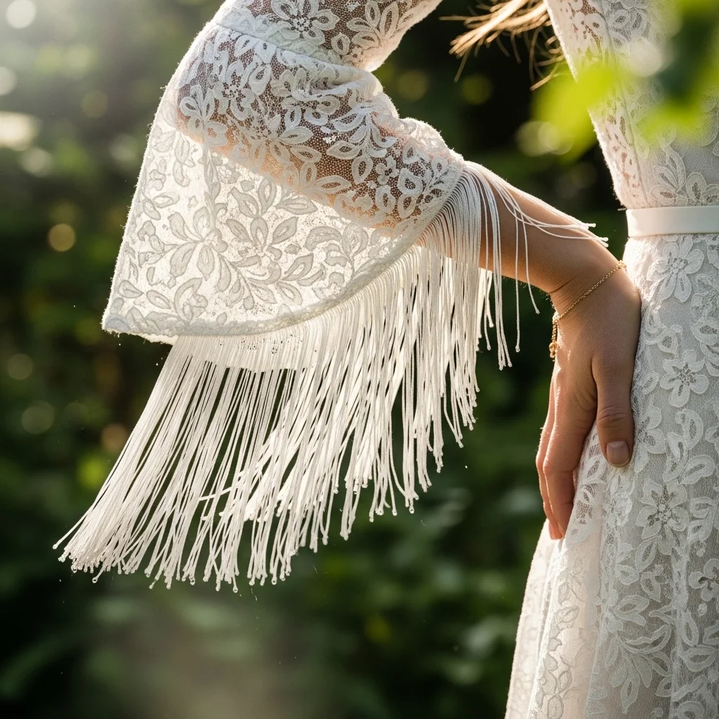 25 Unique Wedding Dresses with Sleeves: Elevate Your Bridal Style 5 the bohemian bell sleeve with fringe
