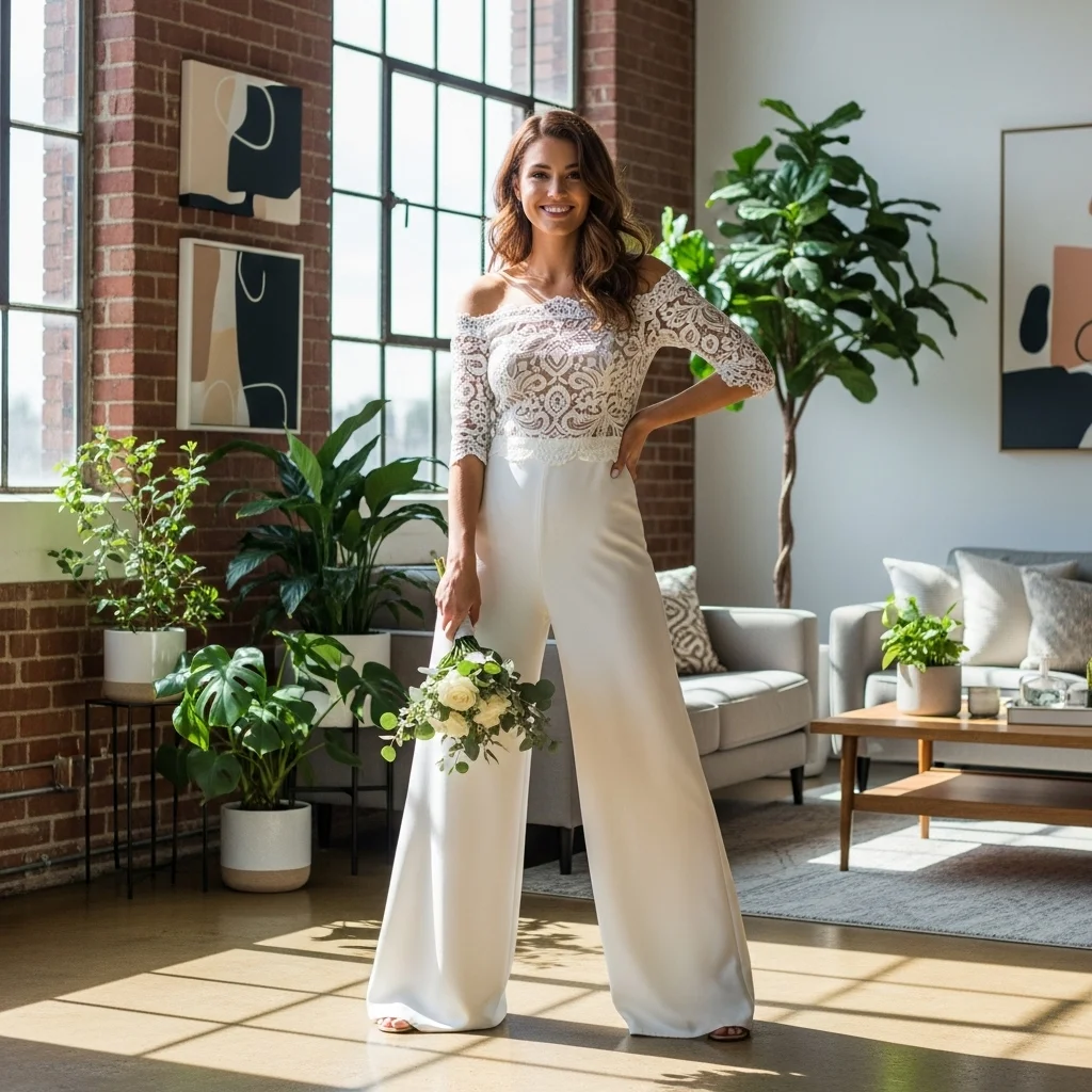 25 Off the Shoulder Boho Wedding Dresses 20 the boho jumpsuit with off shoulder top