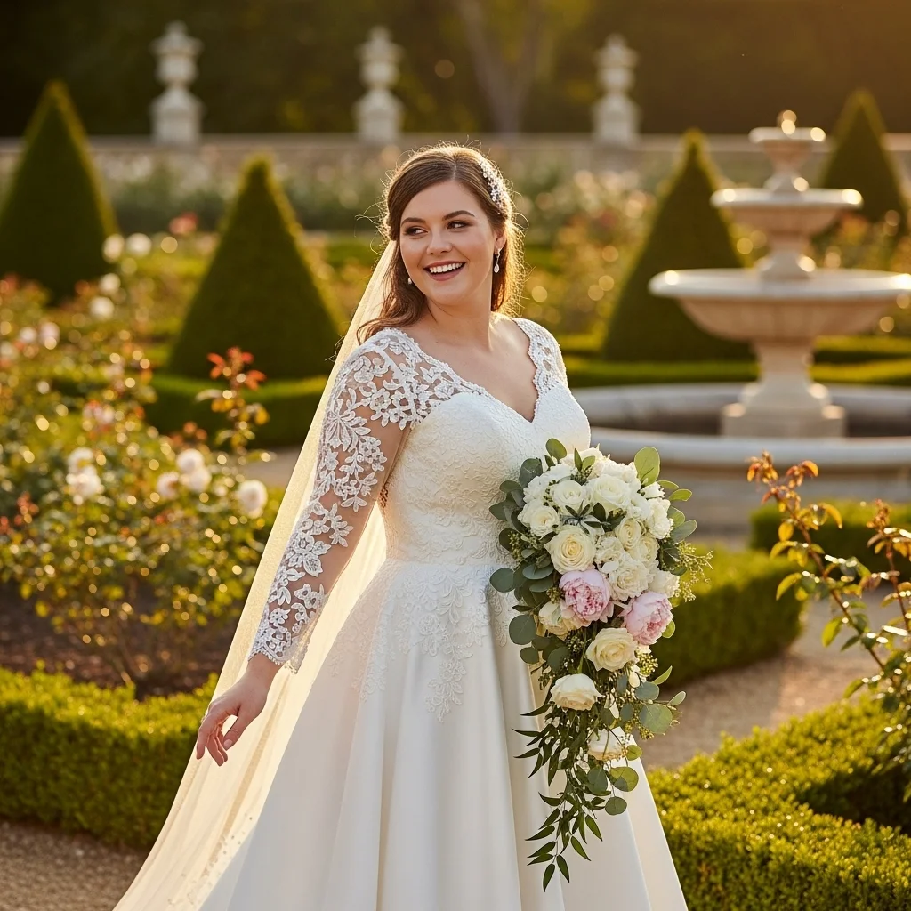 Dream Big, Dress Bold: 19 Unique Wedding Dresses for Plus-Size Brides That Redefine Bridal Beauty 3 the chic fit and flare with long sleeves