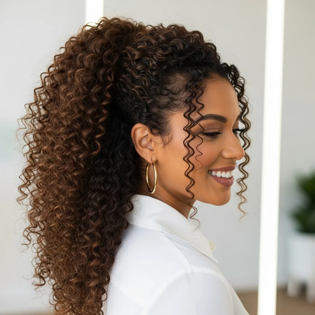 the classic high curly ponytail