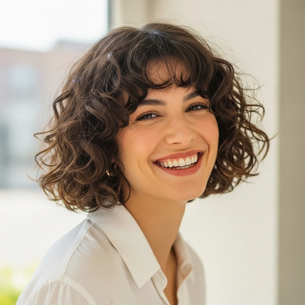 the curly bob with bangs fringe