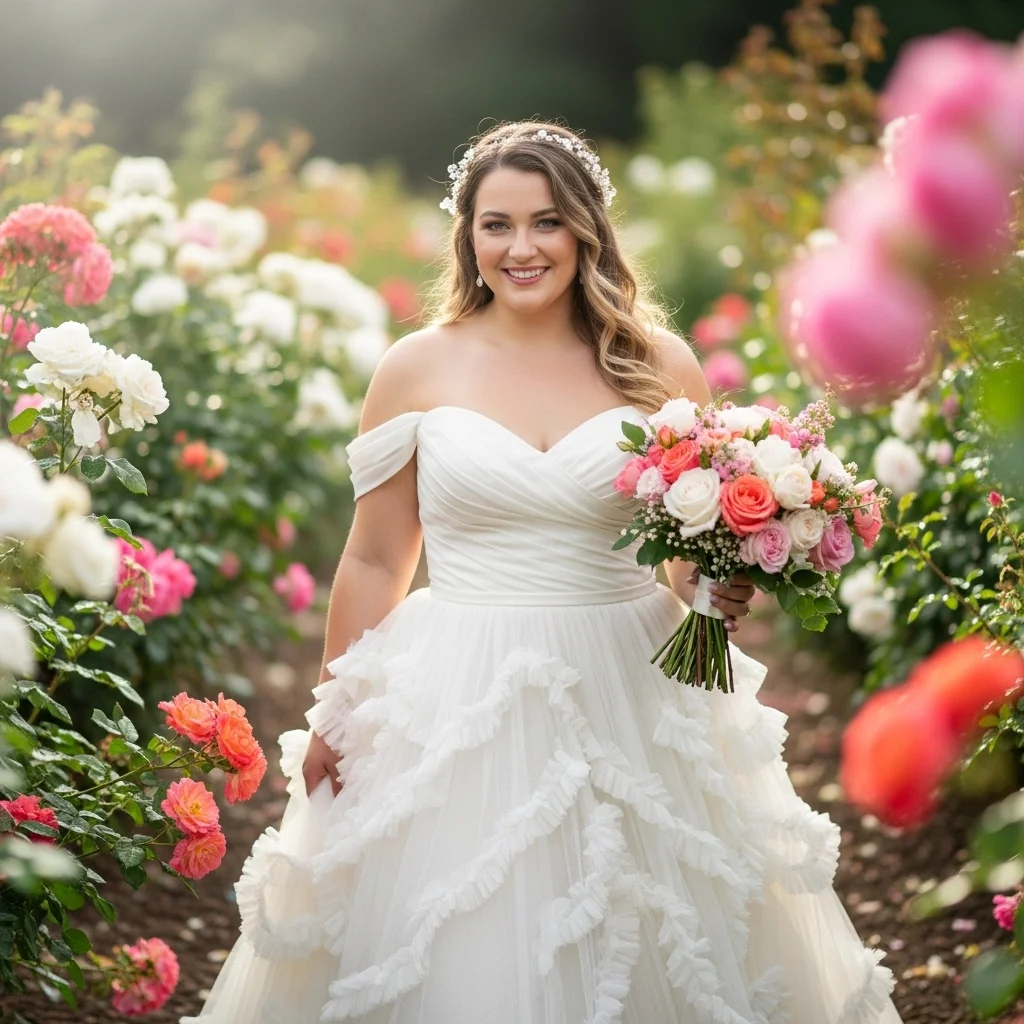 Dream Big, Dress Bold: 19 Unique Wedding Dresses for Plus-Size Brides That Redefine Bridal Beauty 11 the enchanting off the shoulder with ruffles