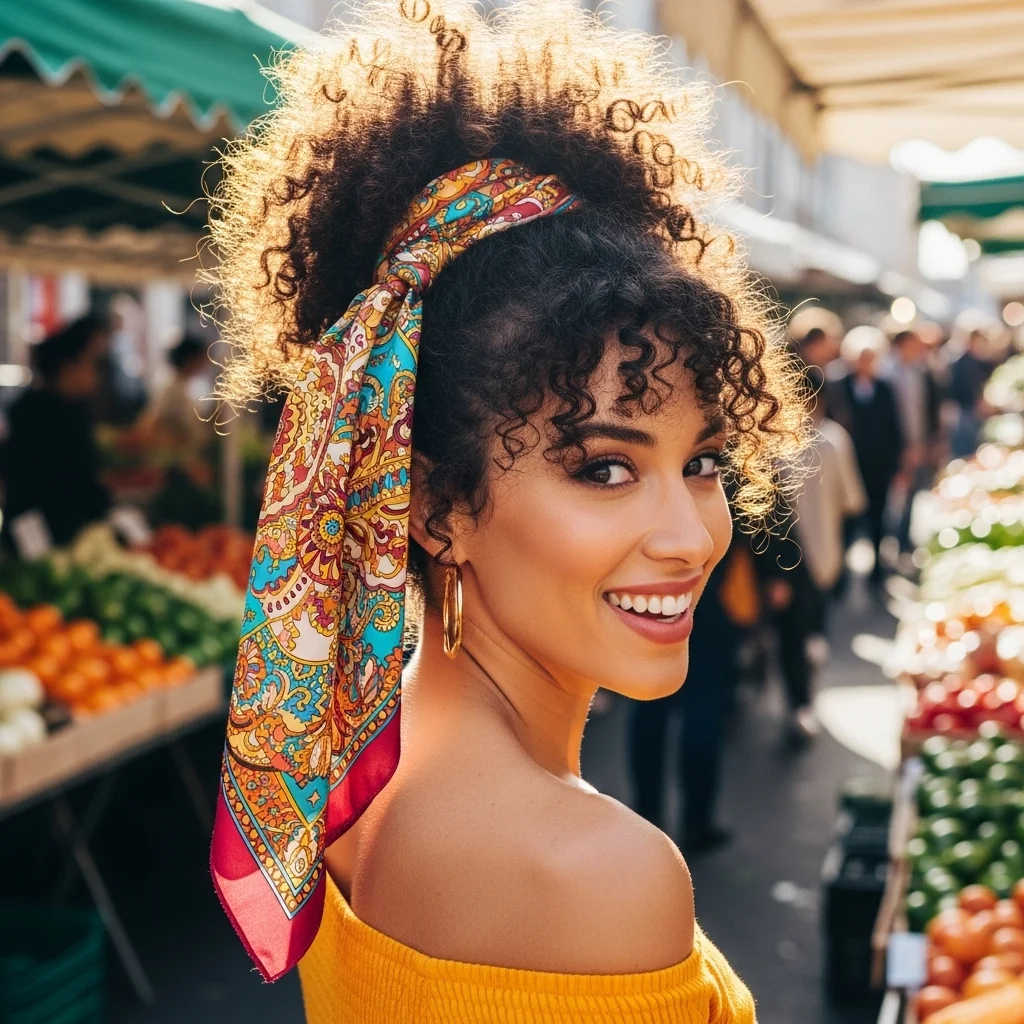 the scarf wrapped curly ponytail