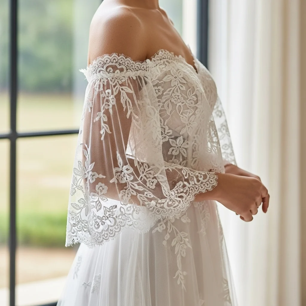 25 Off the Shoulder Boho Wedding Dresses 26 the sheer lace tulle overlay gown