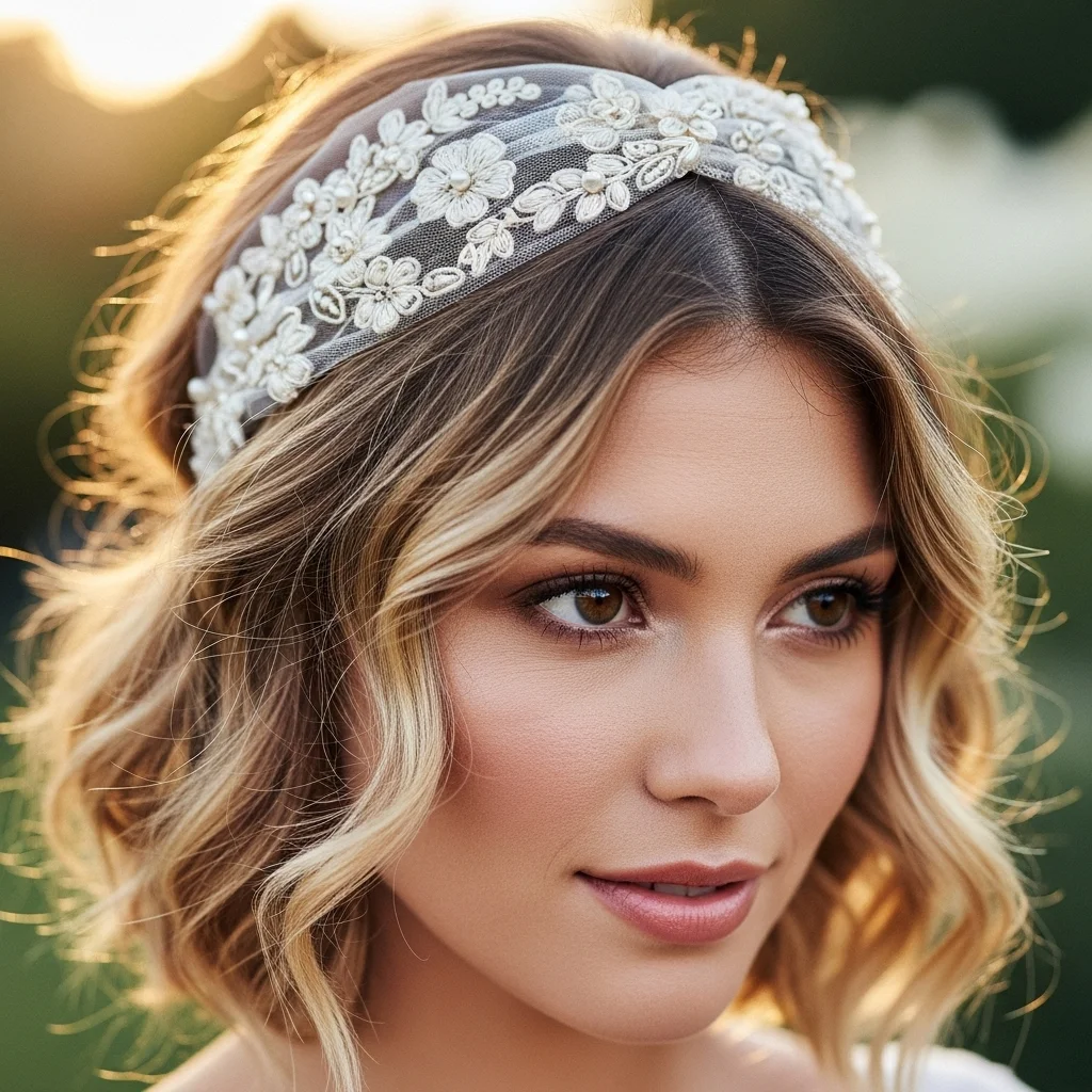 25 Dreamy Bridal Headband Hairstyles: Your Ultimate Wedding Hair Guide! 26 tousled waves with embroidered tulle headband