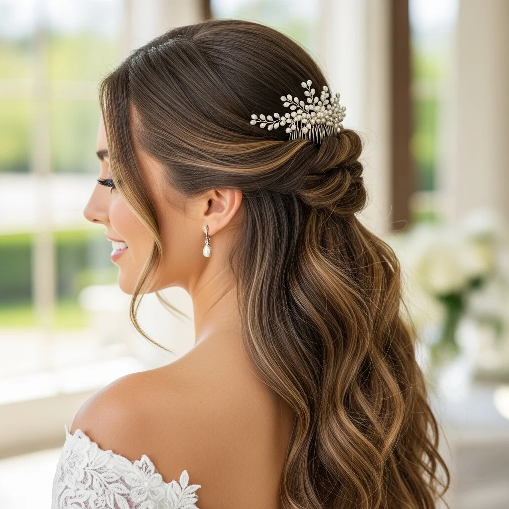 twisted half up style with a pearl comb