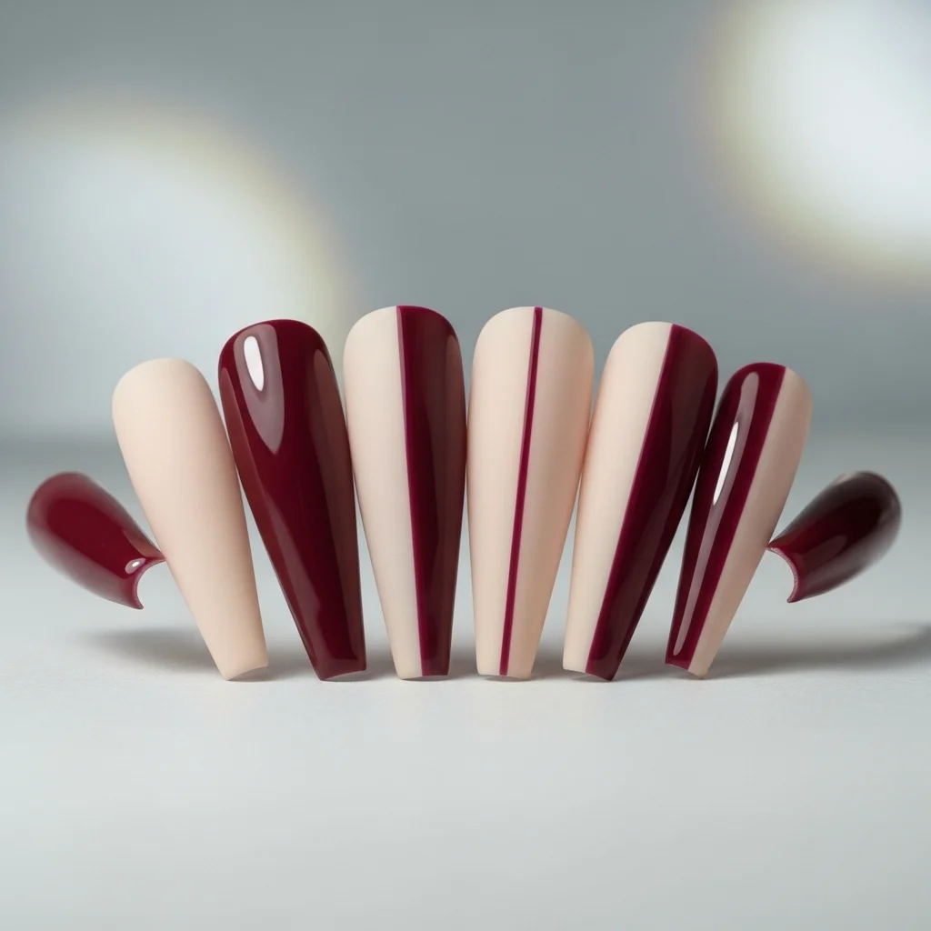 21 Coffin Nail Designs That Scream Fall: Your Ultimate Guide to Autumn Manicures 16 two tone burgundy beige split