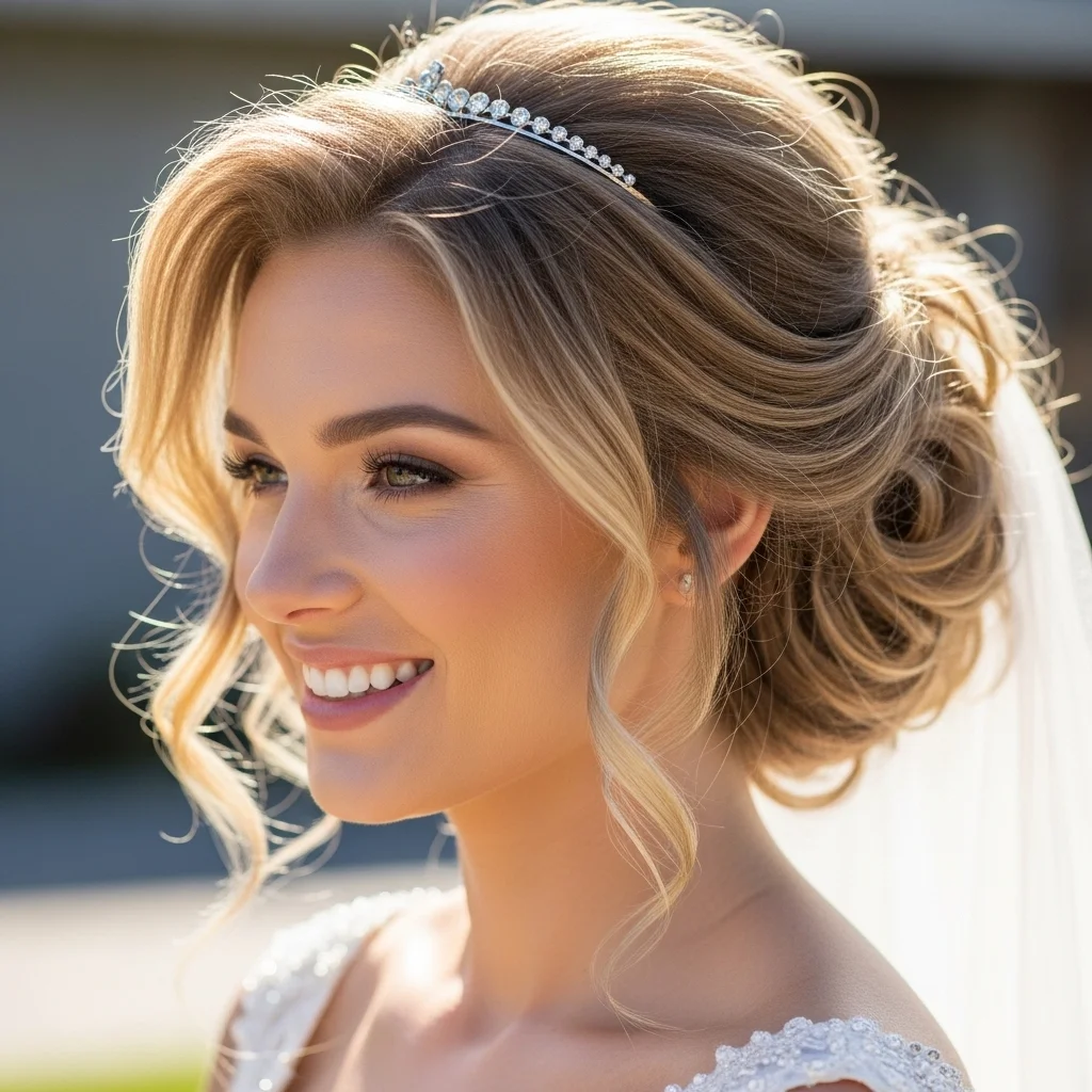 voluminous blowout with a minimalist tiara