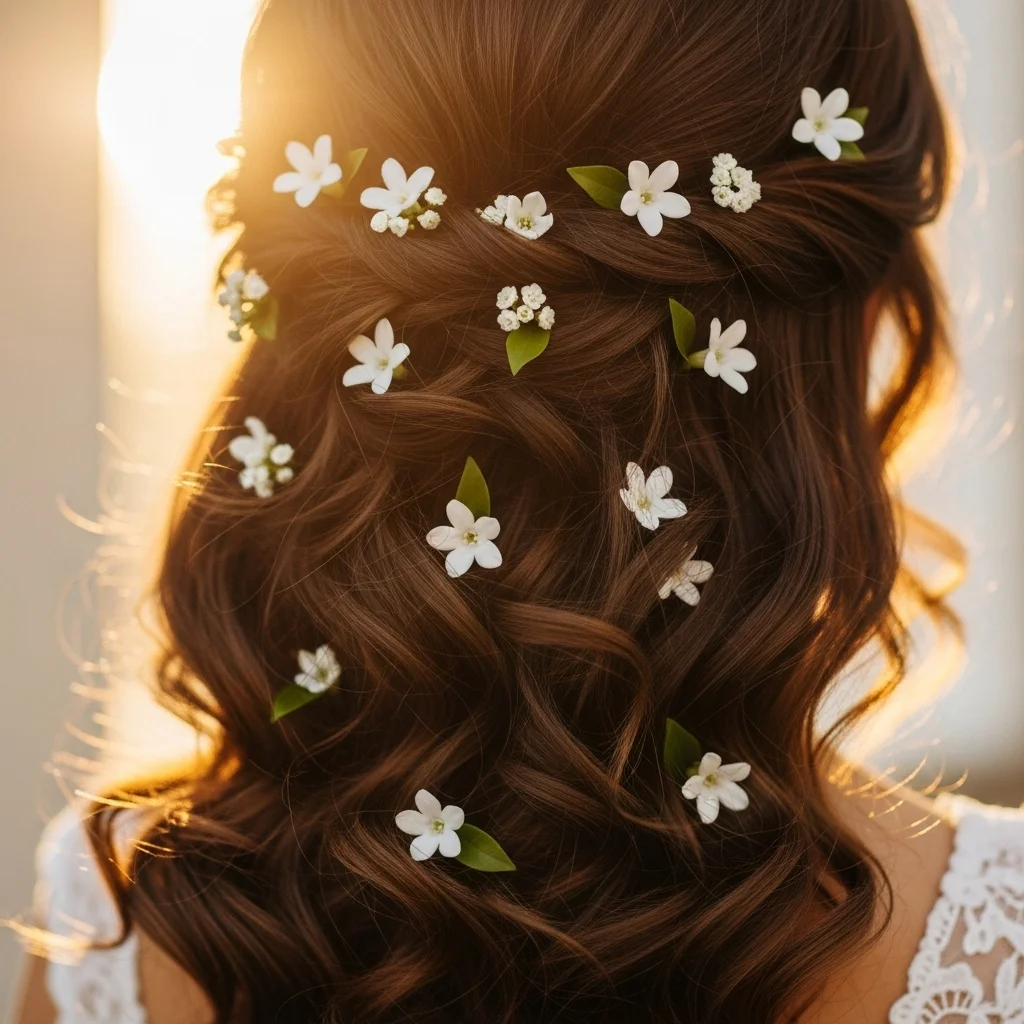 voluminous curls with scattered tiny blossoms