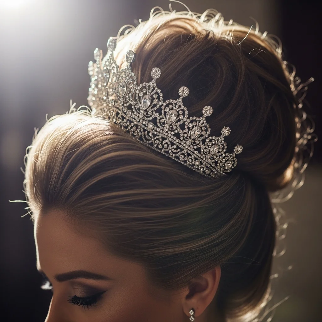 voluminous high bun with a grand tiara