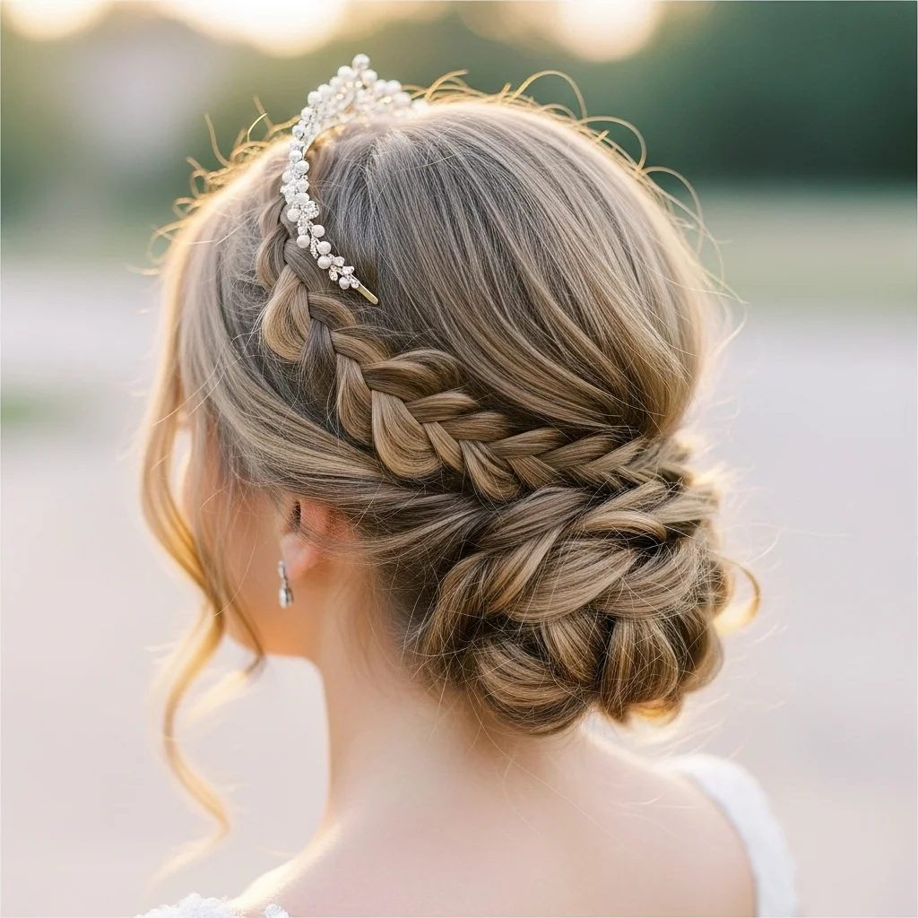 whimsical braided half up with a delicate tiara