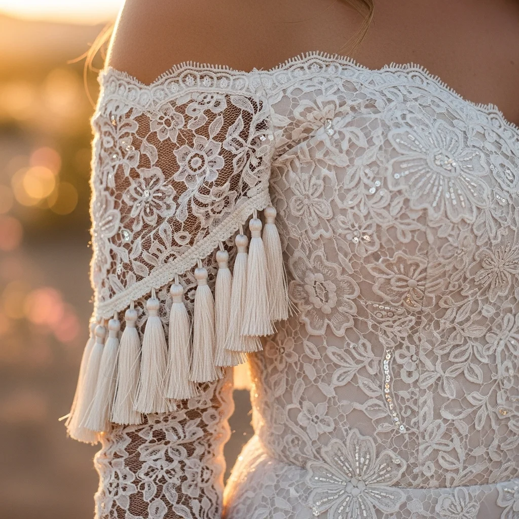 25 Off the Shoulder Boho Wedding Dresses 17 whimsical tassel fringe accents