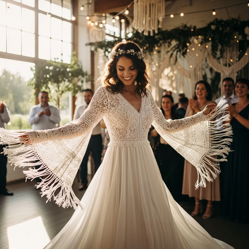 21 Boho Empire Waist Wedding Dresses for Brides 8 whimsical tassel fringe details